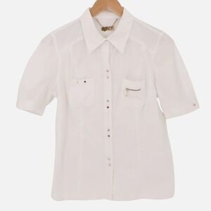 La Rok White Gold Button Shirt Womens‎ Size S Y2K Office Siren Cotton Stretch